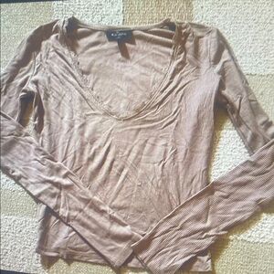 Brown Long Sleeve V-Neck Top